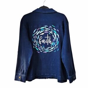 Vintage Denim Jacket w/Handpainted Faith, Swim Against The School Back Design
